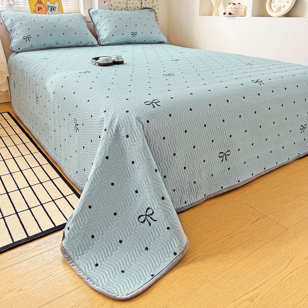 91家纺网 家纺一手货源 找家纺 梦精灵 2025新款棉加绒床盖全棉学生床夹棉床盖双面可用纯棉床单（棉加绒枕套） 棉加绒-波点蝴蝶结