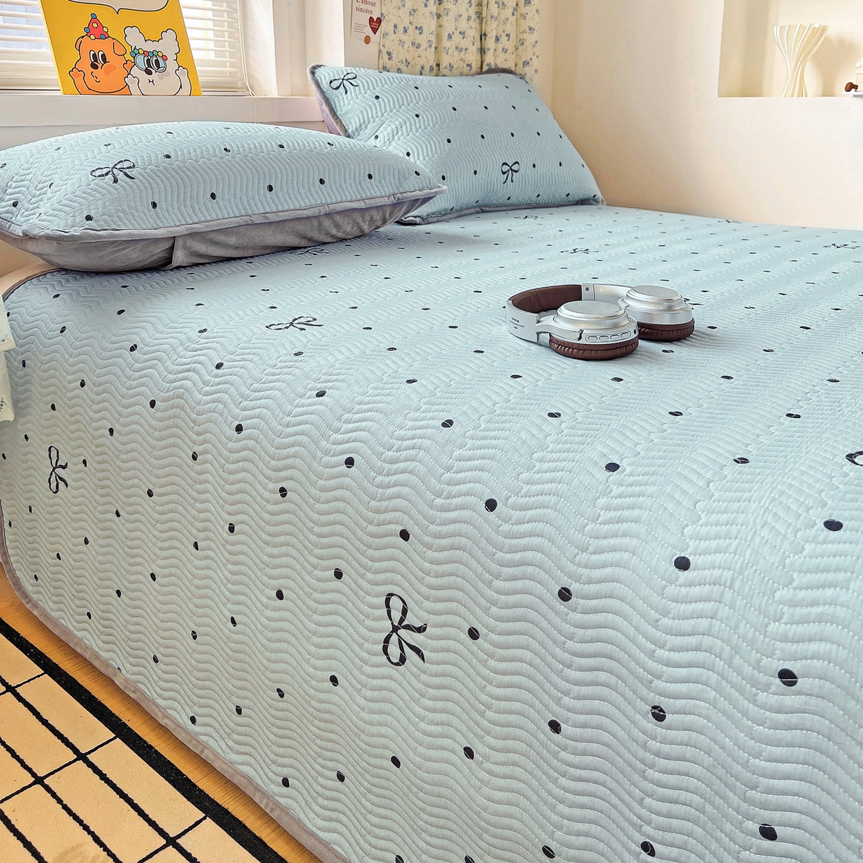 91家纺网 家纺一手货源 找家纺 梦精灵 2025新款棉加绒床盖全棉学生床夹棉床盖双面可用纯棉床单（棉加绒枕套） 棉加绒-波点蝴蝶结