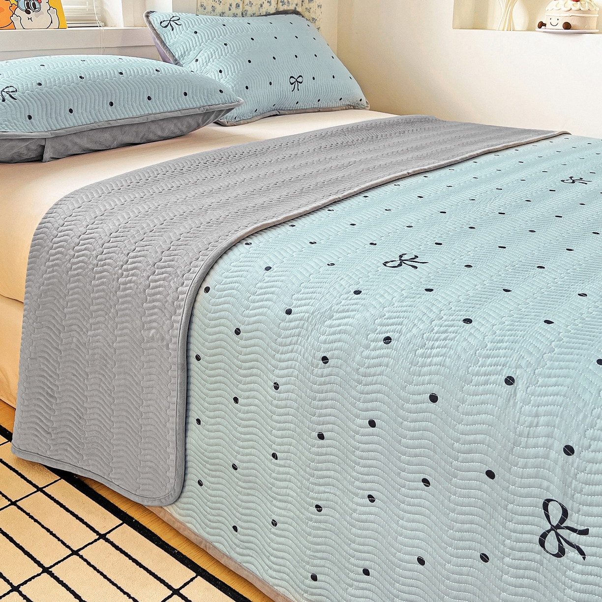 91家纺网 家纺一手货源 找家纺 梦精灵 2025新款棉加绒床盖全棉学生床夹棉床盖双面可用纯棉床单（棉加绒枕套） 棉加绒-波点蝴蝶结