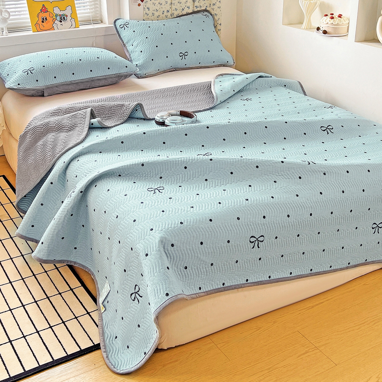 91家纺网 家纺一手货源 找家纺 梦精灵 2025新款棉加绒床盖全棉学生床夹棉床盖双面可用纯棉床单（棉加绒枕套） 棉加绒-波点蝴蝶结