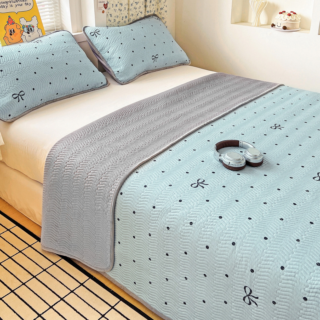 91家纺网 家纺一手货源 找家纺 梦精灵 2025新款棉加绒床盖全棉学生床夹棉床盖双面可用纯棉床单（棉加绒枕套） 棉加绒-波点蝴蝶结