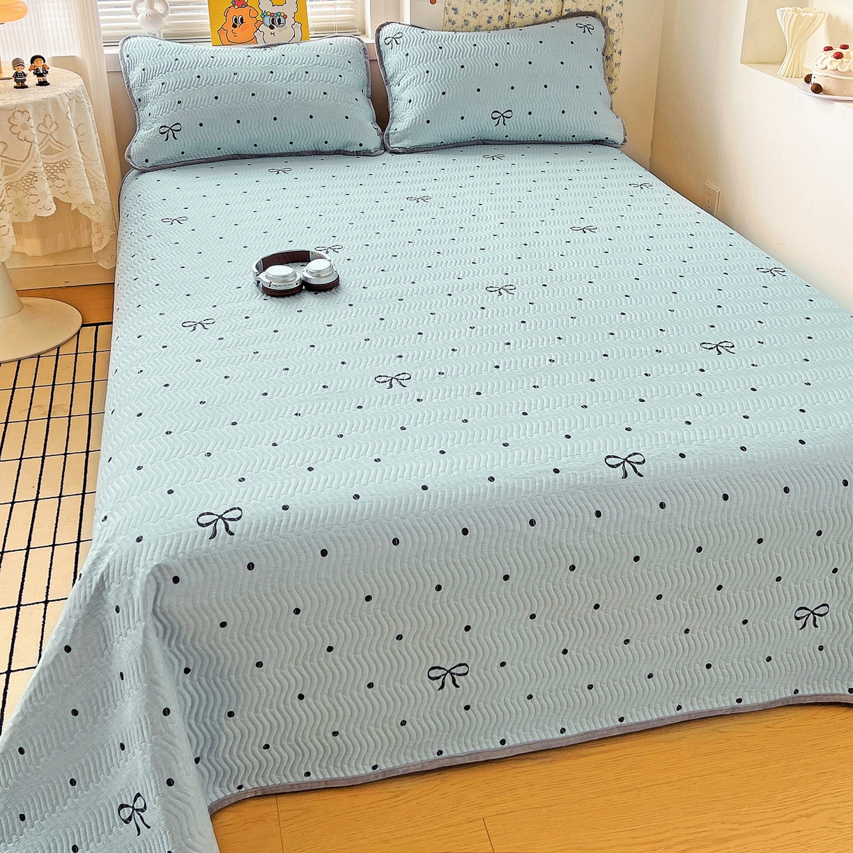 91家纺网 家纺一手货源 找家纺 梦精灵 2025新款棉加绒床盖全棉学生床夹棉床盖双面可用纯棉床单（棉加绒枕套） 棉加绒-波点蝴蝶结