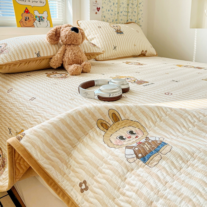 91家纺网 家纺一手货源 找家纺 梦精灵 2025新款棉加绒床盖全棉学生床夹棉床盖双面可用纯棉床单（棉加绒枕套） 棉加绒-潮牌咘咘