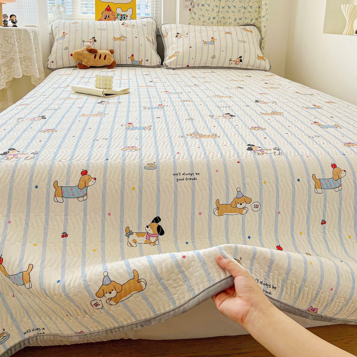 91家纺网 家纺一手货源 找家纺 梦精灵 2025新款棉加绒床盖全棉学生床夹棉床盖双面可用纯棉床单（棉加绒枕套） 棉加绒-糖纸童年