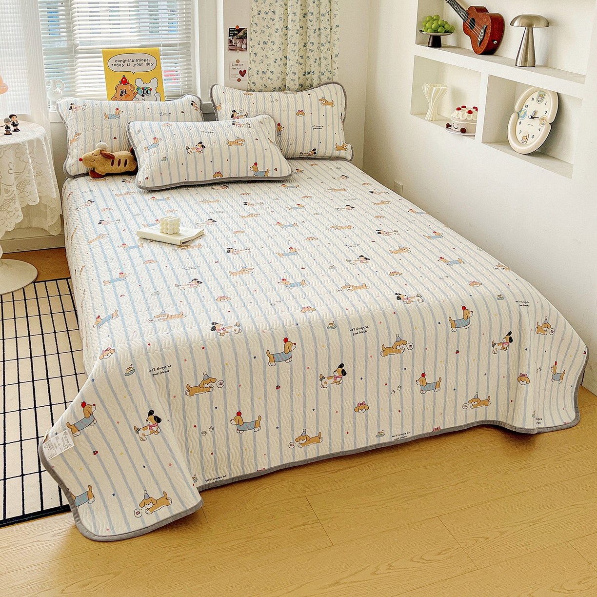 91家纺网 家纺一手货源 找家纺 梦精灵 2025新款棉加绒床盖全棉学生床夹棉床盖双面可用纯棉床单（棉加绒枕套） 棉加绒-糖纸童年