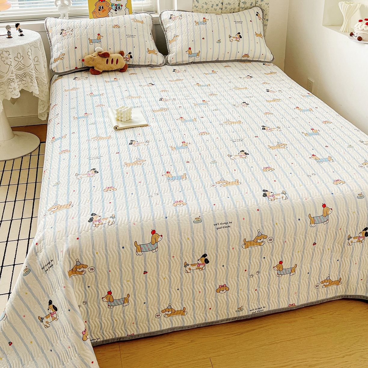 91家纺网 家纺一手货源 找家纺 梦精灵 2025新款棉加绒床盖全棉学生床夹棉床盖双面可用纯棉床单（棉加绒枕套） 棉加绒-糖纸童年