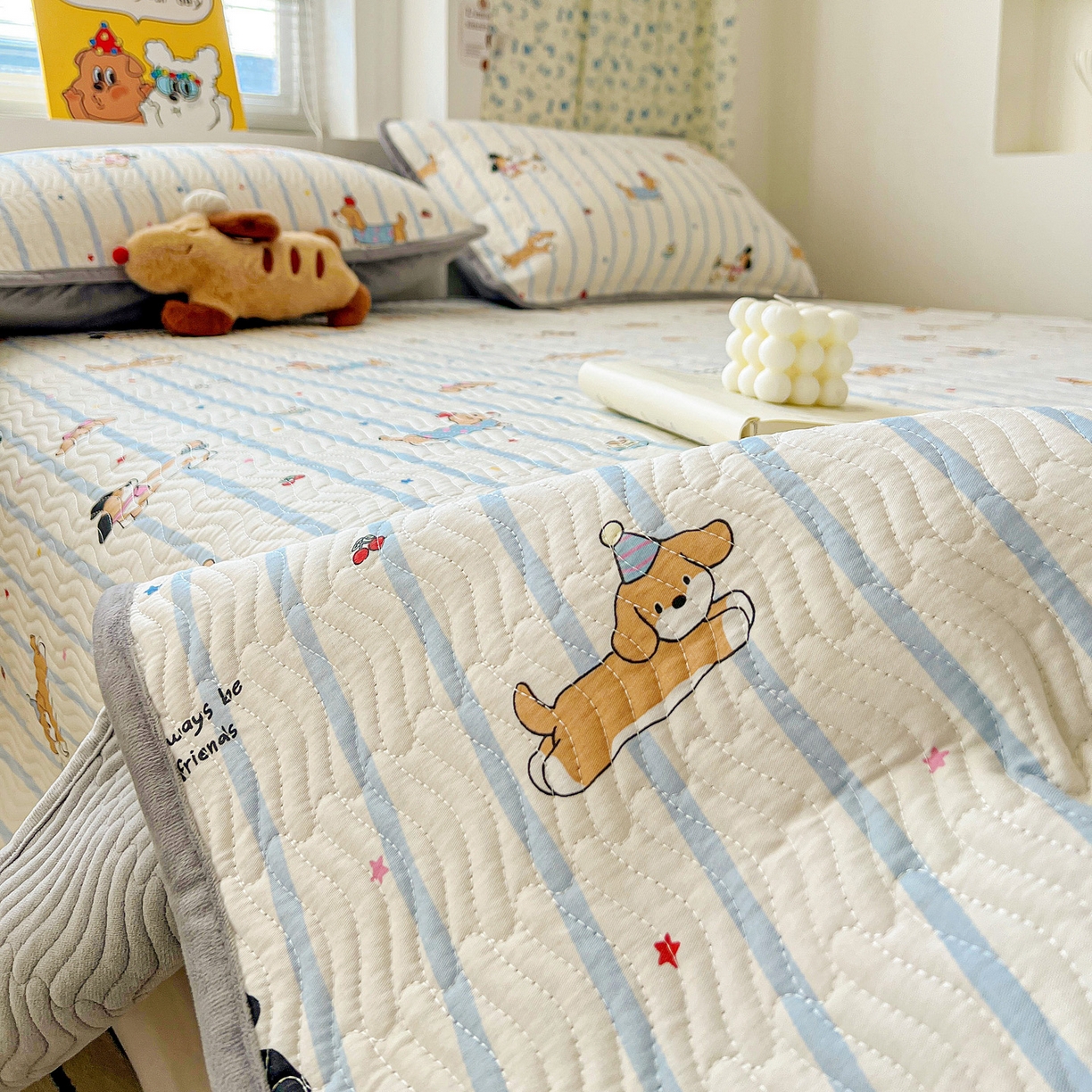 91家纺网 家纺一手货源 找家纺 梦精灵 2025新款棉加绒床盖全棉学生床夹棉床盖双面可用纯棉床单（棉加绒枕套） 棉加绒-糖纸童年