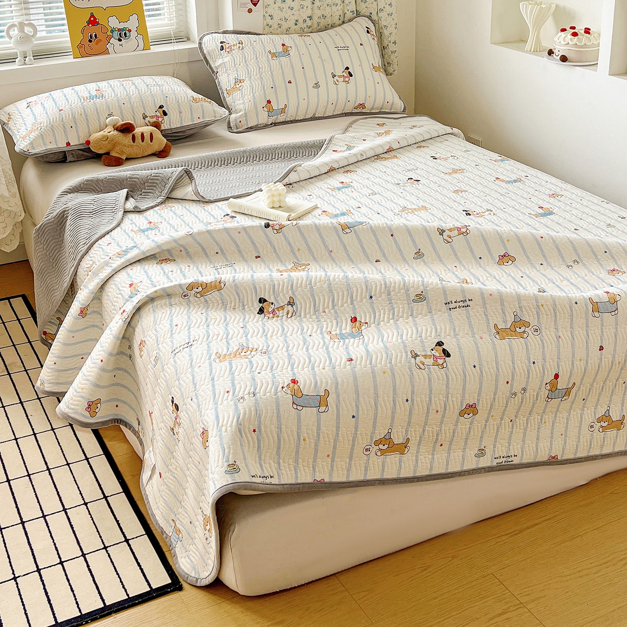 91家纺网 家纺一手货源 找家纺 梦精灵 2025新款棉加绒床盖全棉学生床夹棉床盖双面可用纯棉床单（棉加绒枕套） 棉加绒-糖纸童年