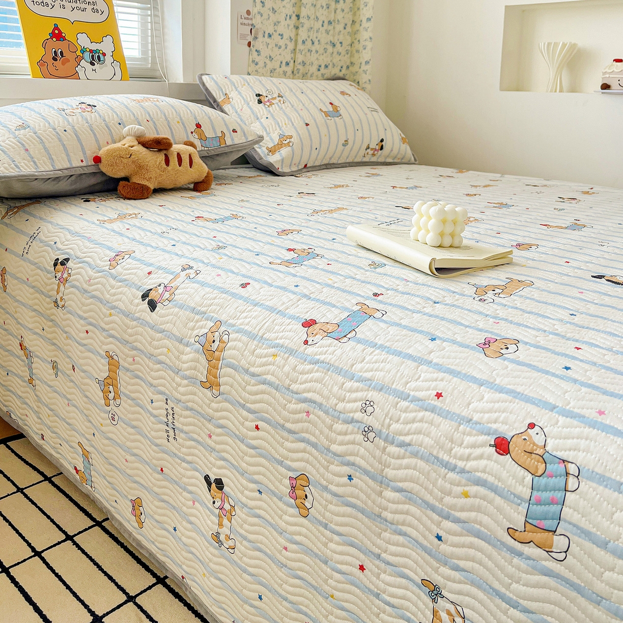 91家纺网 家纺一手货源 找家纺 梦精灵 2025新款棉加绒床盖全棉学生床夹棉床盖双面可用纯棉床单（棉加绒枕套） 棉加绒-糖纸童年