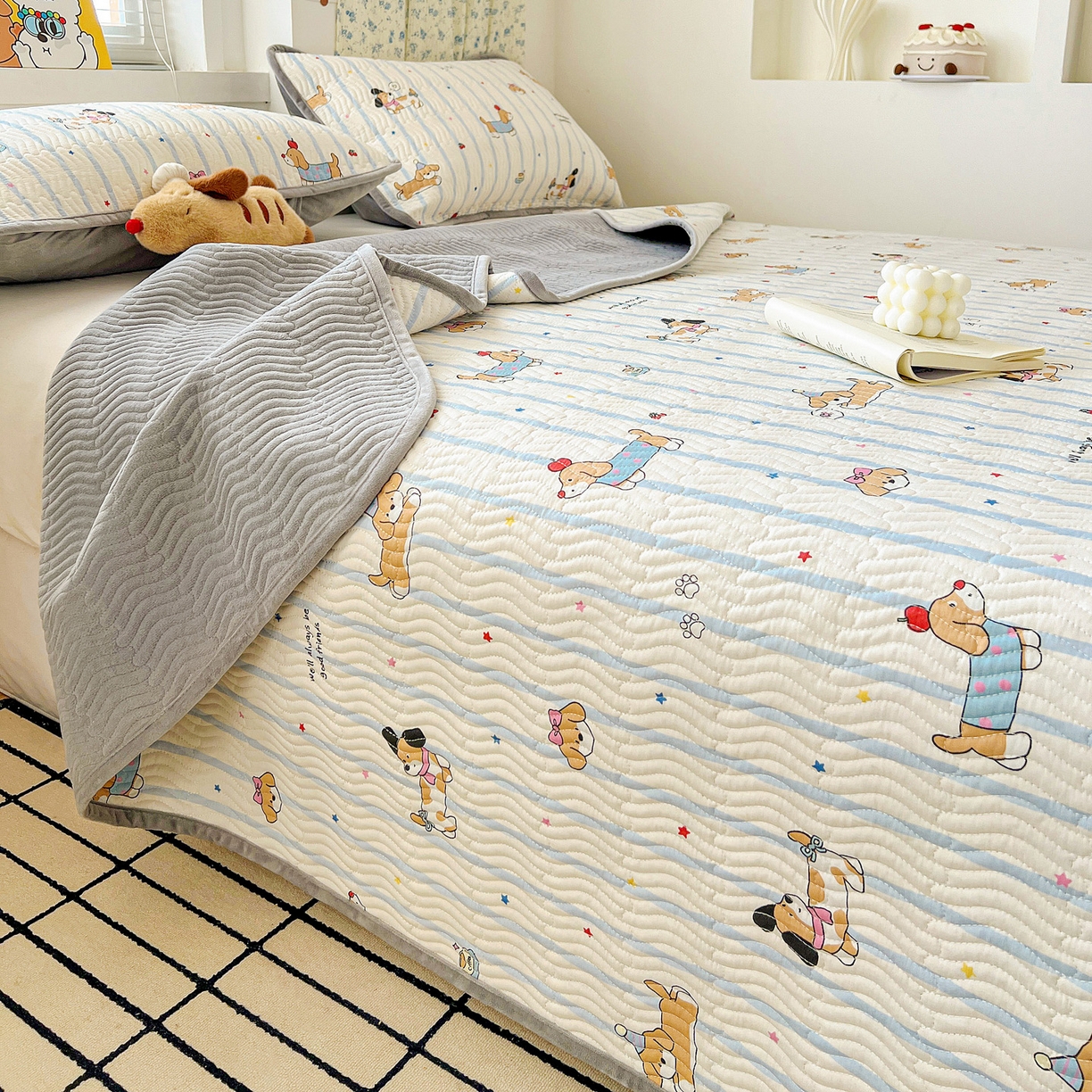 91家纺网 家纺一手货源 找家纺 梦精灵 2025新款棉加绒床盖全棉学生床夹棉床盖双面可用纯棉床单（棉加绒枕套） 棉加绒-糖纸童年