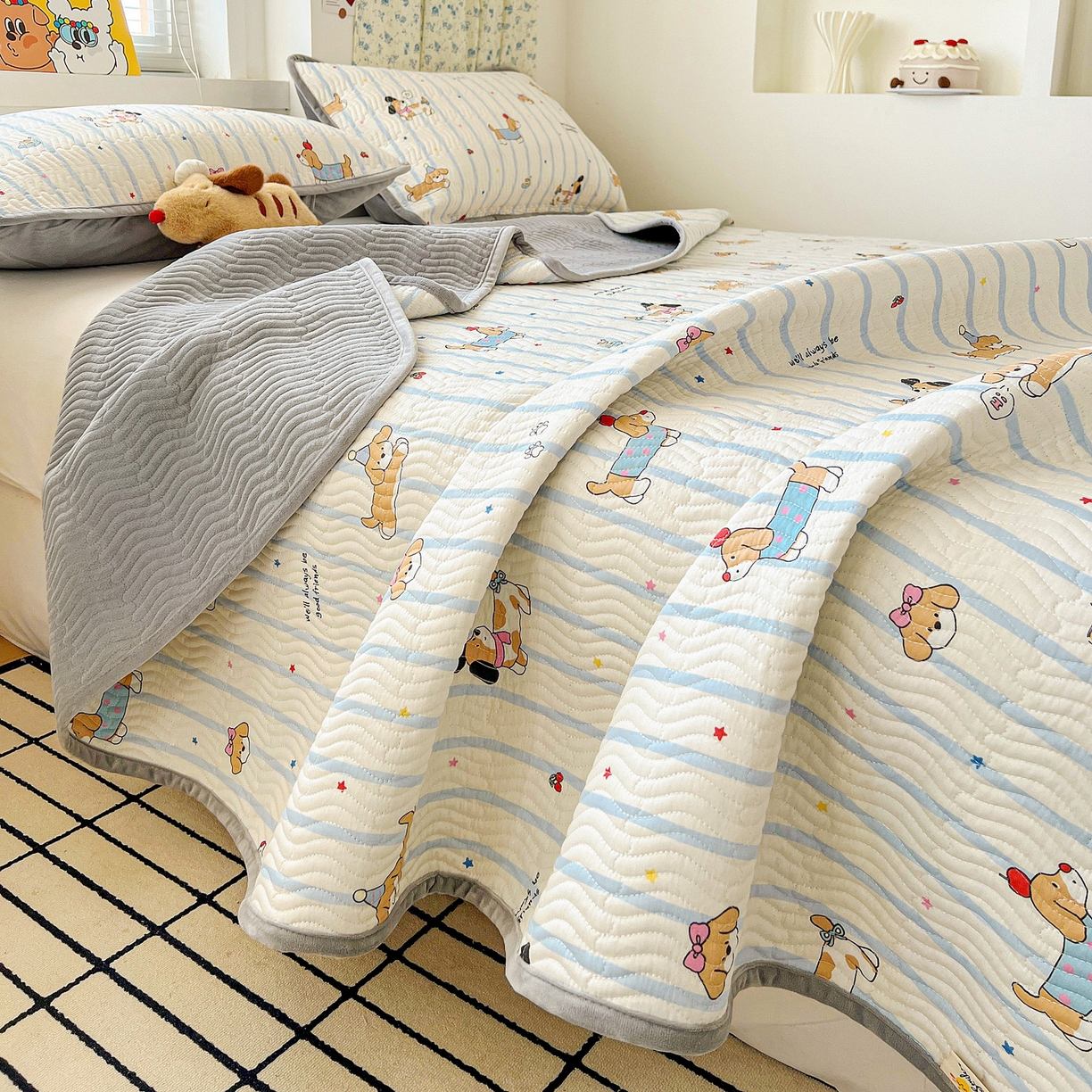 91家纺网 家纺一手货源 找家纺 梦精灵 2025新款棉加绒床盖全棉学生床夹棉床盖双面可用纯棉床单（棉加绒枕套） 棉加绒-糖纸童年