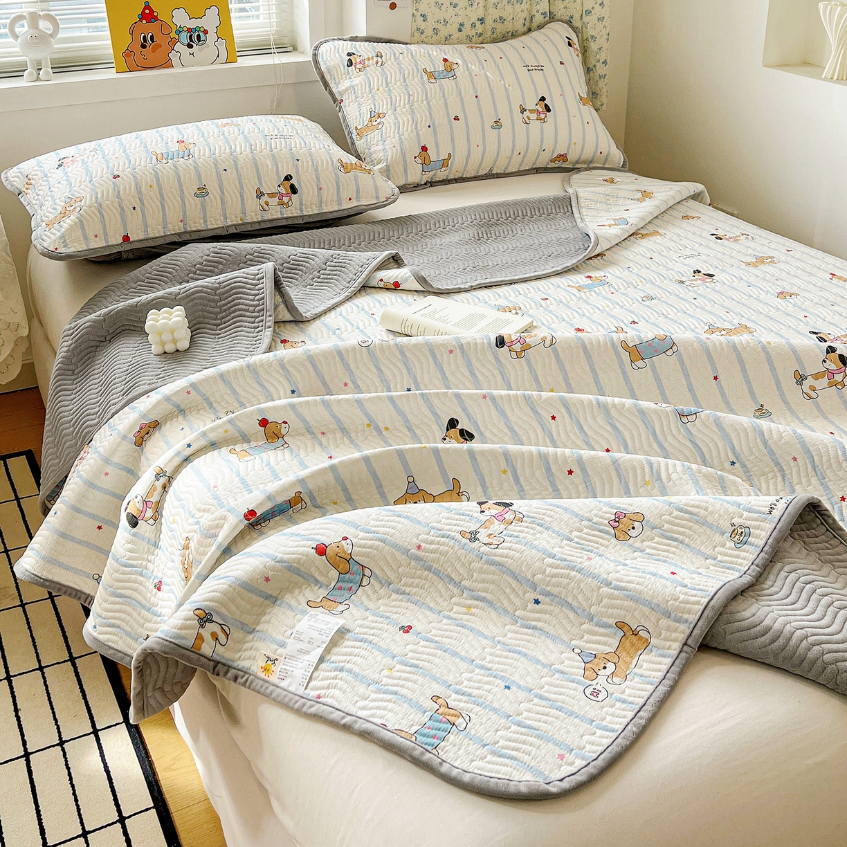 91家纺网 家纺一手货源 找家纺 梦精灵 2025新款棉加绒床盖全棉学生床夹棉床盖双面可用纯棉床单（棉加绒枕套） 棉加绒-糖纸童年