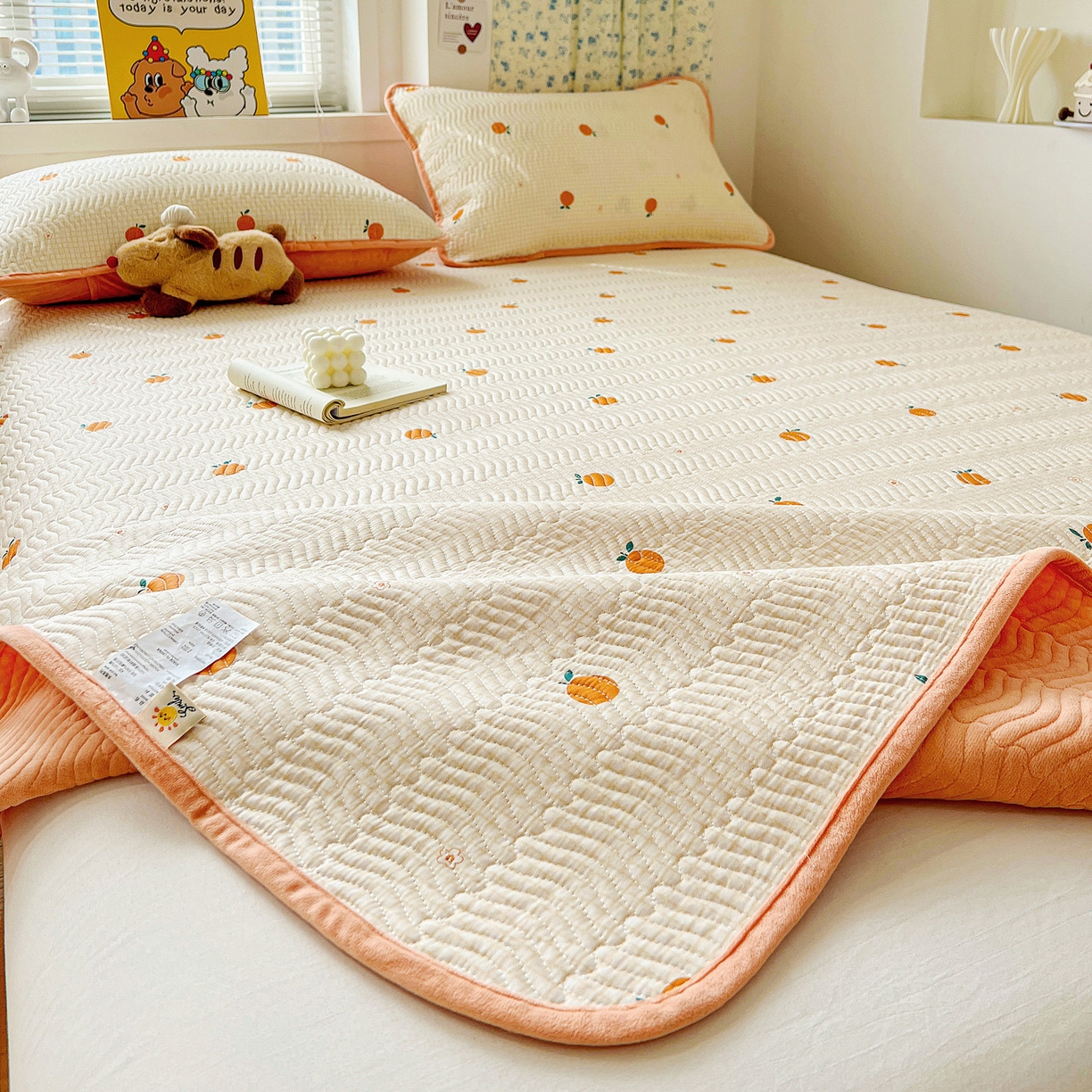 91家纺网 家纺一手货源 找家纺 梦精灵 2025新款棉加绒床盖全棉学生床夹棉床盖双面可用纯棉床单（棉加绒枕套） 棉加绒-甜桔