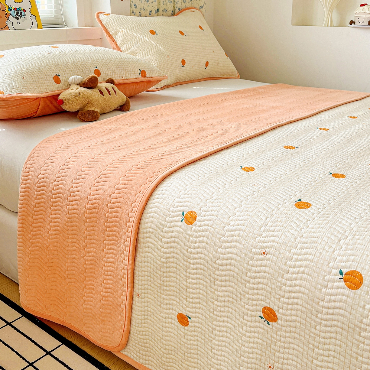 91家纺网 家纺一手货源 找家纺 梦精灵 2025新款棉加绒床盖全棉学生床夹棉床盖双面可用纯棉床单（棉加绒枕套） 棉加绒-甜桔