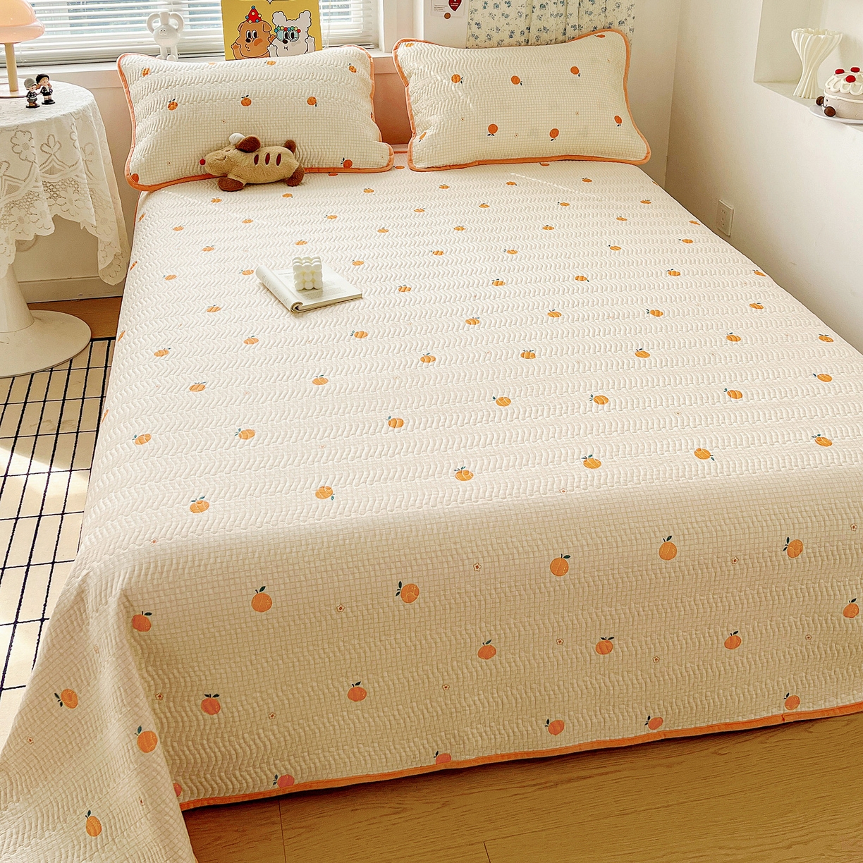 91家纺网 家纺一手货源 找家纺 梦精灵 2025新款棉加绒床盖全棉学生床夹棉床盖双面可用纯棉床单（棉加绒枕套） 棉加绒-甜桔