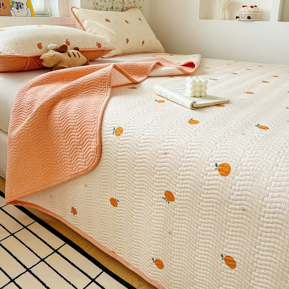 91家纺网 家纺一手货源 找家纺 梦精灵 2025新款棉加绒床盖全棉学生床夹棉床盖双面可用纯棉床单（棉加绒枕套） 棉加绒-甜桔