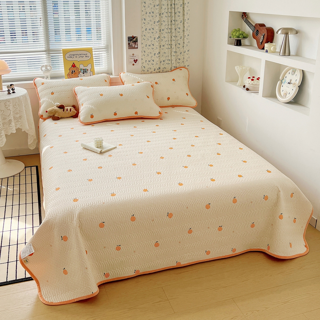 91家纺网 家纺一手货源 找家纺 梦精灵 2025新款棉加绒床盖全棉学生床夹棉床盖双面可用纯棉床单（棉加绒枕套） 棉加绒-甜桔