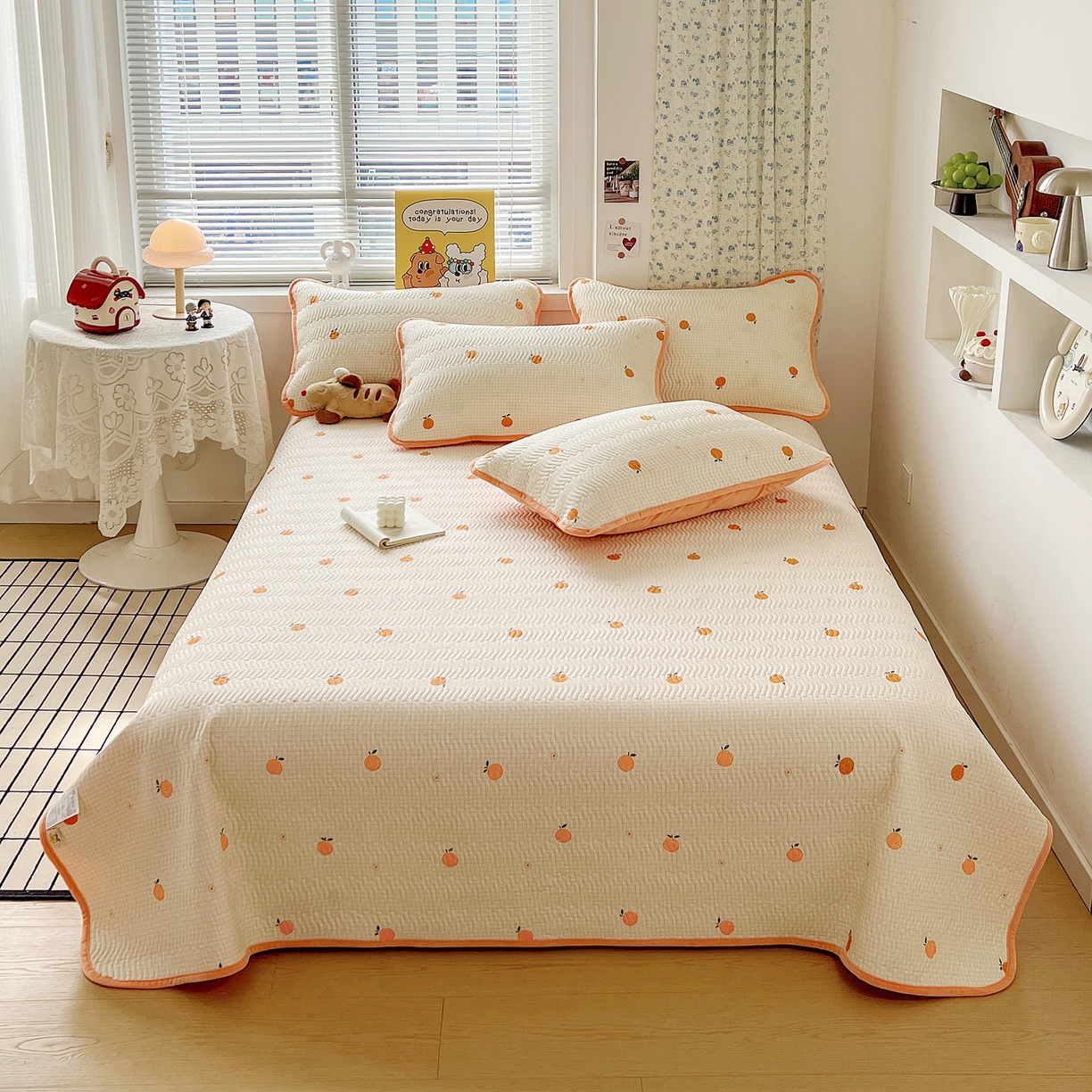 91家纺网 家纺一手货源 找家纺 梦精灵 2025新款棉加绒床盖全棉学生床夹棉床盖双面可用纯棉床单（棉加绒枕套） 棉加绒-甜桔