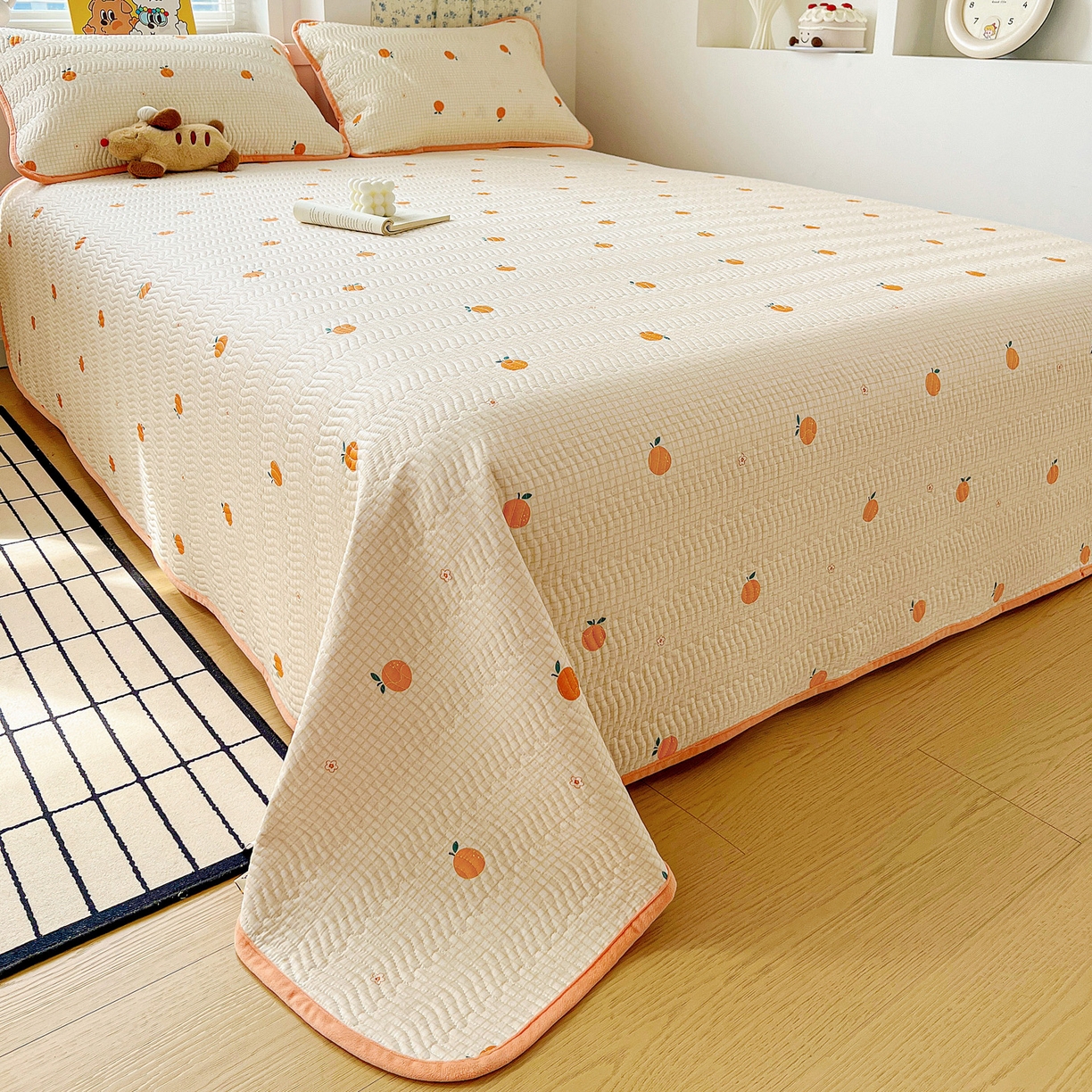 91家纺网 家纺一手货源 找家纺 梦精灵 2025新款棉加绒床盖全棉学生床夹棉床盖双面可用纯棉床单（棉加绒枕套） 棉加绒-甜桔