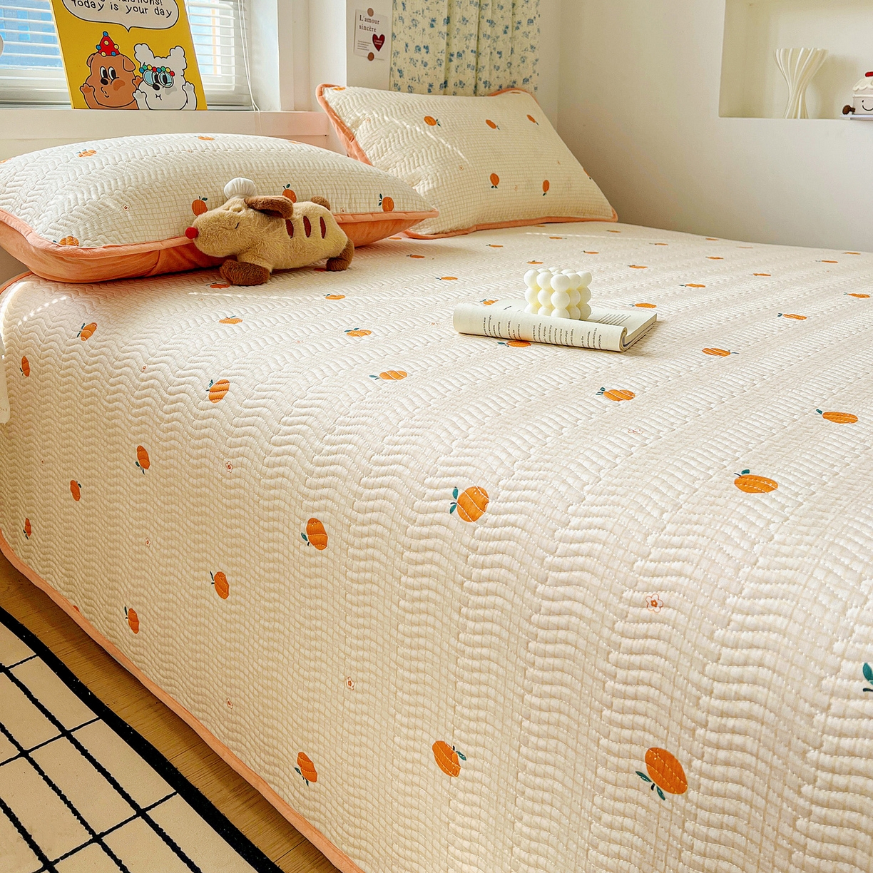 91家纺网 家纺一手货源 找家纺 梦精灵 2025新款棉加绒床盖全棉学生床夹棉床盖双面可用纯棉床单（棉加绒枕套） 棉加绒-甜桔