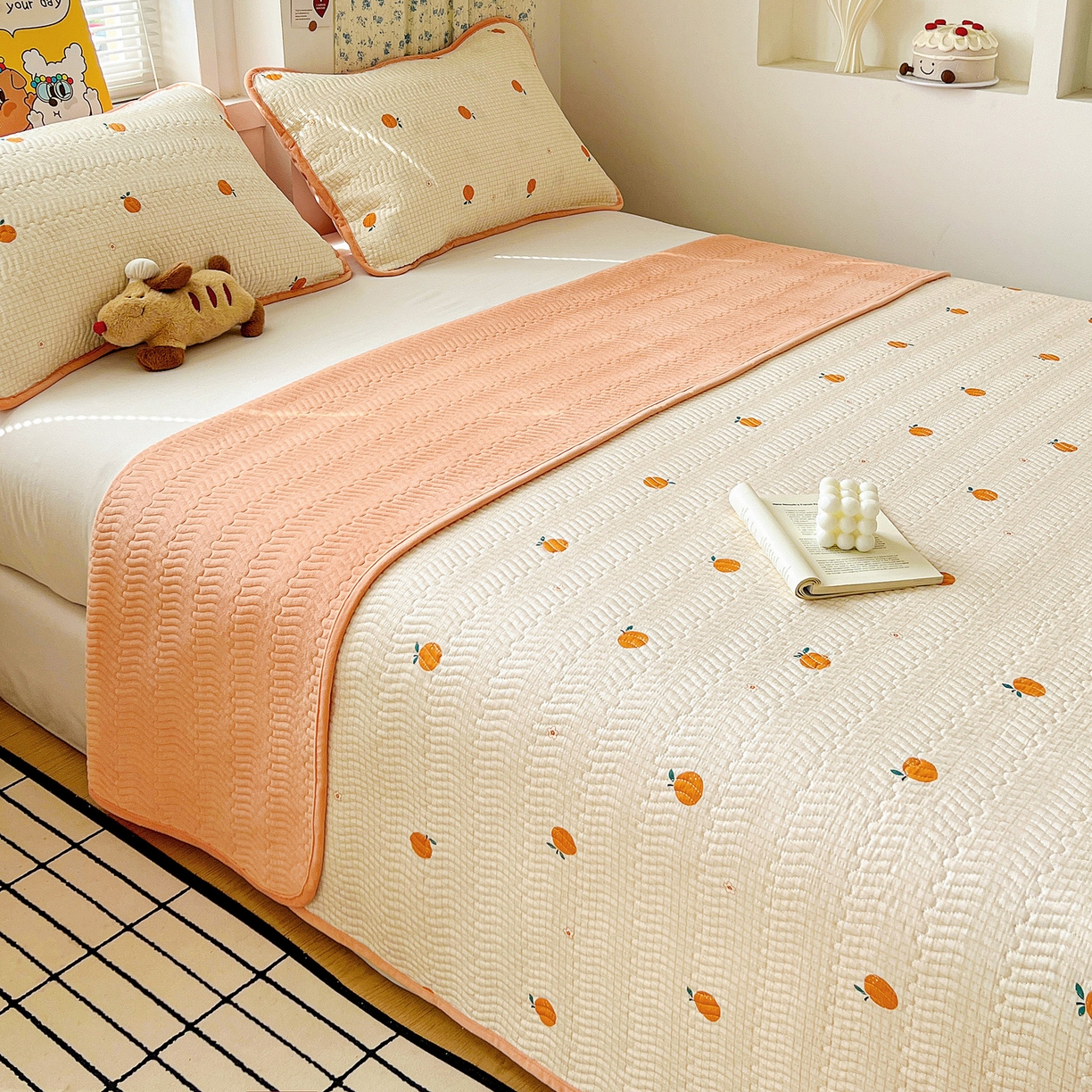 91家纺网 家纺一手货源 找家纺 梦精灵 2025新款棉加绒床盖全棉学生床夹棉床盖双面可用纯棉床单（棉加绒枕套） 棉加绒-甜桔