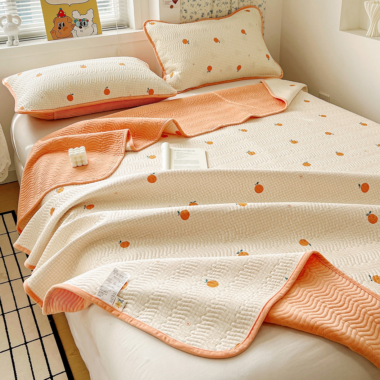 91家纺网 家纺一手货源 找家纺 梦精灵 2025新款棉加绒床盖全棉学生床夹棉床盖双面可用纯棉床单（棉加绒枕套） 棉加绒-甜桔