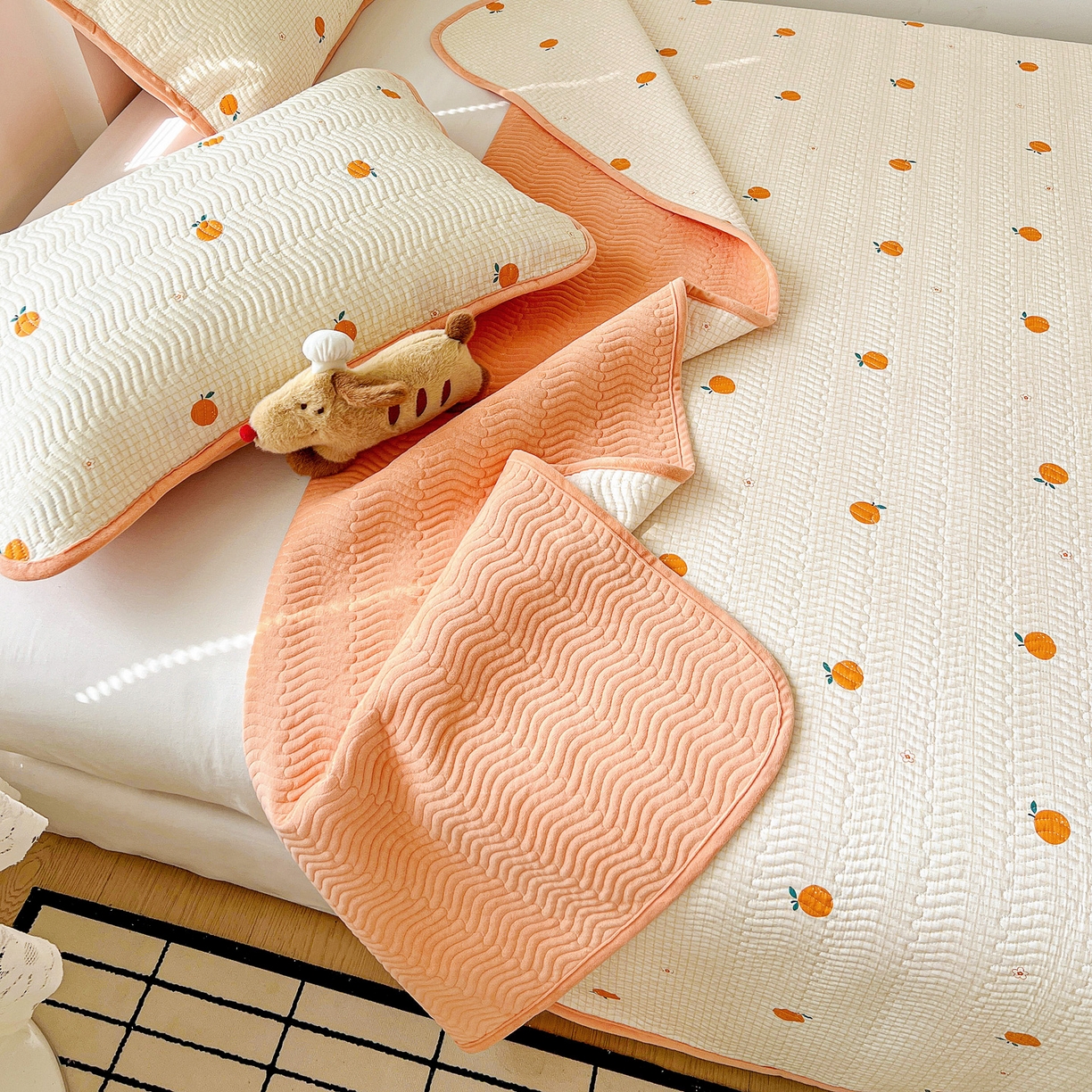 91家纺网 家纺一手货源 找家纺 梦精灵 2025新款棉加绒床盖全棉学生床夹棉床盖双面可用纯棉床单（棉加绒枕套） 棉加绒-甜桔