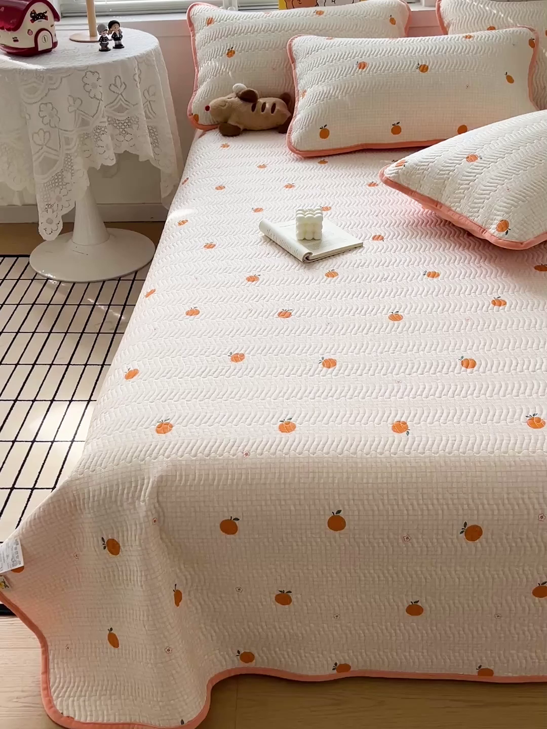 91家纺网 家纺一手货源 找家纺 梦精灵 2025新款棉加绒床盖全棉学生床夹棉床盖双面可用纯棉床单（棉加绒枕套） 棉加绒-甜桔