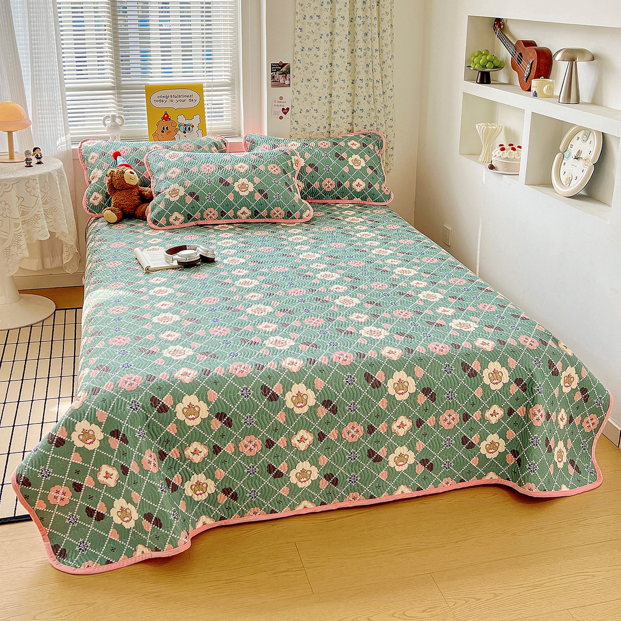 91家纺网 家纺一手货源 找家纺 梦精灵 2025新款棉加绒床盖全棉学生床夹棉床盖双面可用纯棉床单（棉加绒枕套） 棉加绒-樱花小熊