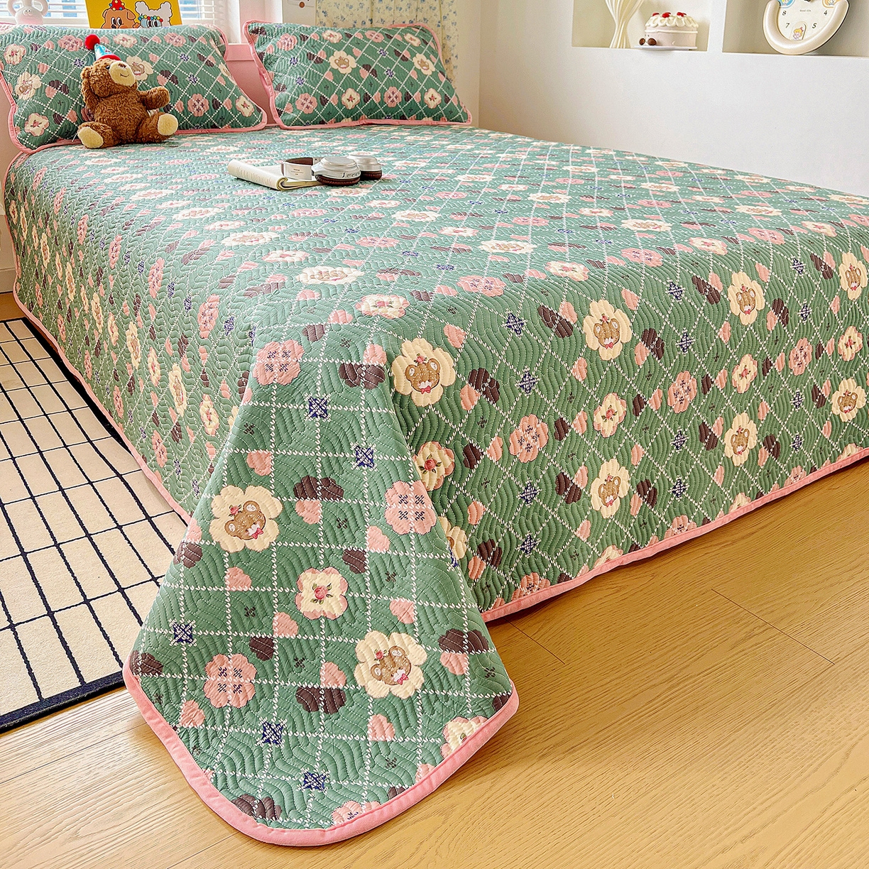 91家纺网 家纺一手货源 找家纺 梦精灵 2025新款棉加绒床盖全棉学生床夹棉床盖双面可用纯棉床单（棉加绒枕套） 棉加绒-樱花小熊