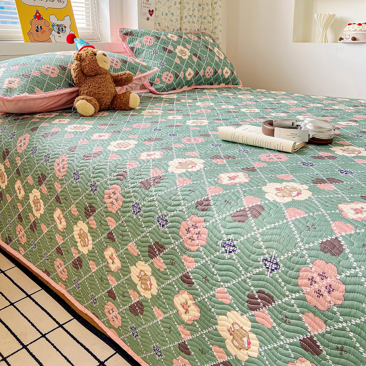 91家纺网 家纺一手货源 找家纺 梦精灵 2025新款棉加绒床盖全棉学生床夹棉床盖双面可用纯棉床单（棉加绒枕套） 棉加绒-樱花小熊