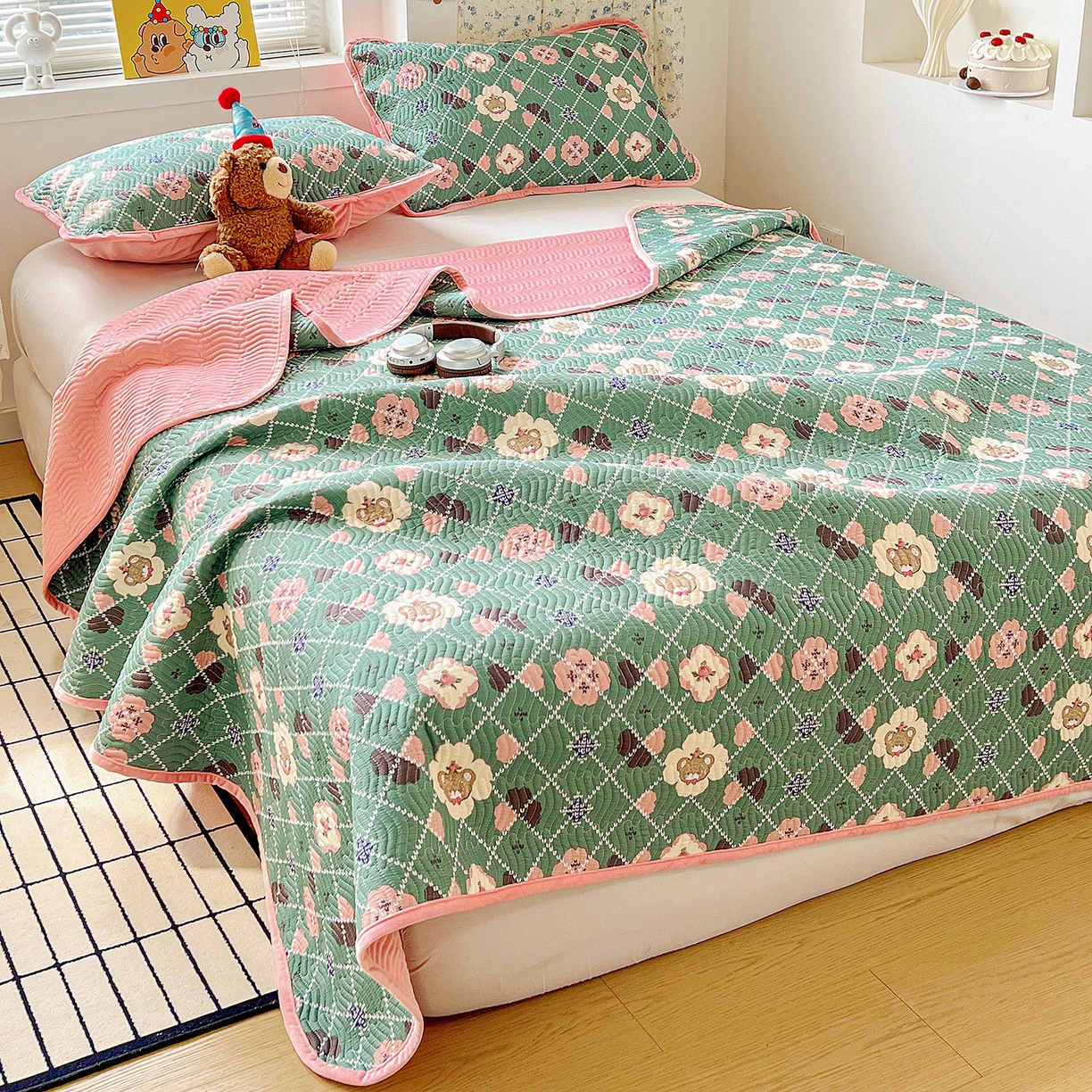 91家纺网 家纺一手货源 找家纺 梦精灵 2025新款棉加绒床盖全棉学生床夹棉床盖双面可用纯棉床单（棉加绒枕套） 棉加绒-樱花小熊