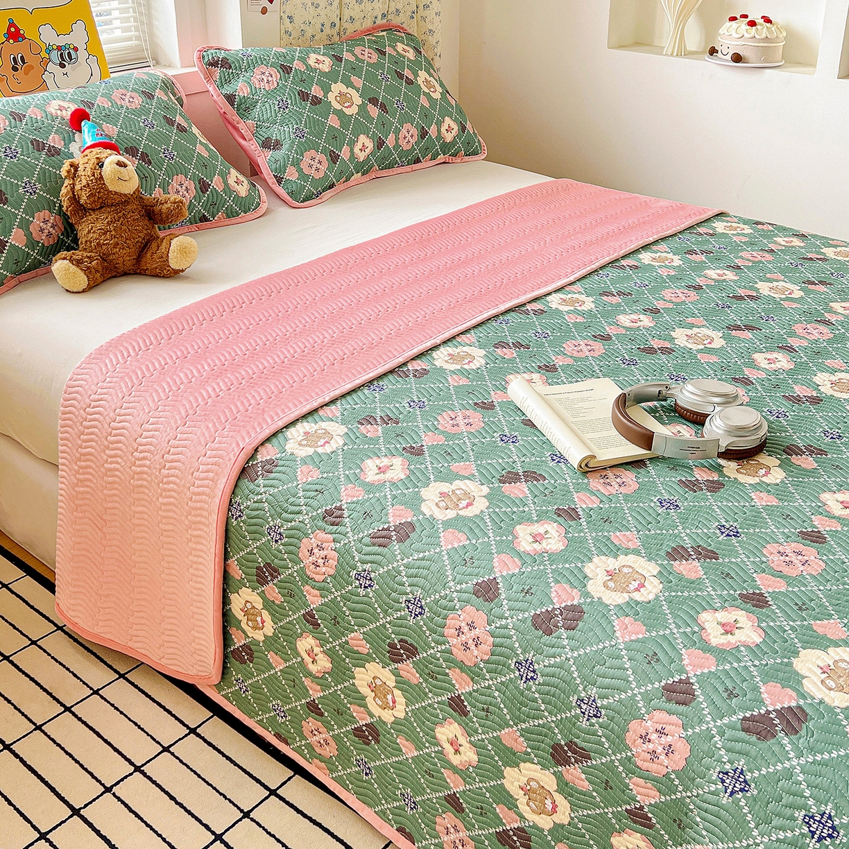 91家纺网 家纺一手货源 找家纺 梦精灵 2025新款棉加绒床盖全棉学生床夹棉床盖双面可用纯棉床单（棉加绒枕套） 棉加绒-樱花小熊