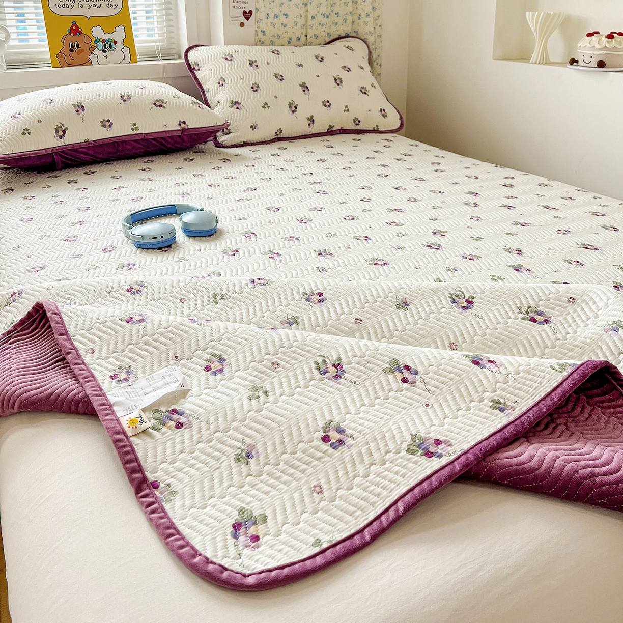 91家纺网 家纺一手货源 找家纺 梦精灵 2025新款棉加绒床盖全棉学生床夹棉床盖双面可用纯棉床单（棉加绒枕套） 棉加绒-紫葡萄