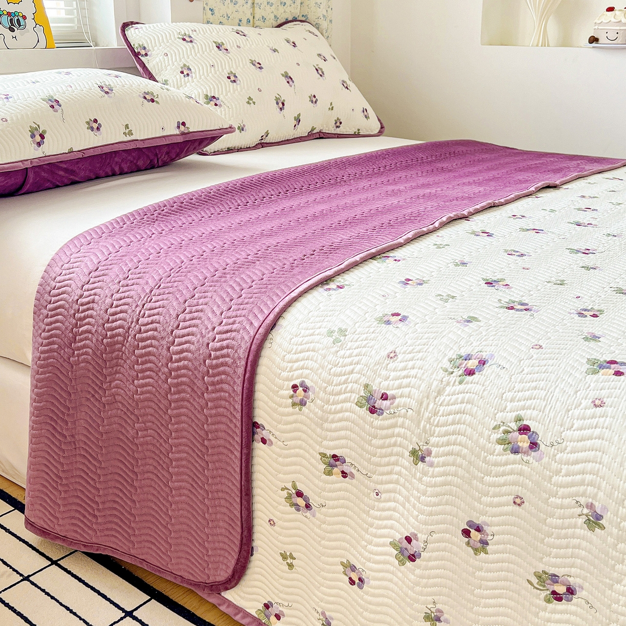 91家纺网 家纺一手货源 找家纺 梦精灵 2025新款棉加绒床盖全棉学生床夹棉床盖双面可用纯棉床单（棉加绒枕套） 棉加绒-紫葡萄