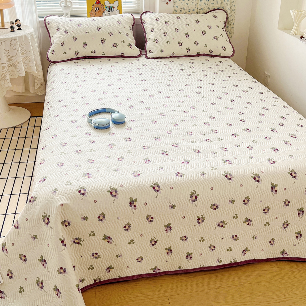 91家纺网 家纺一手货源 找家纺 梦精灵 2025新款棉加绒床盖全棉学生床夹棉床盖双面可用纯棉床单（棉加绒枕套） 棉加绒-紫葡萄