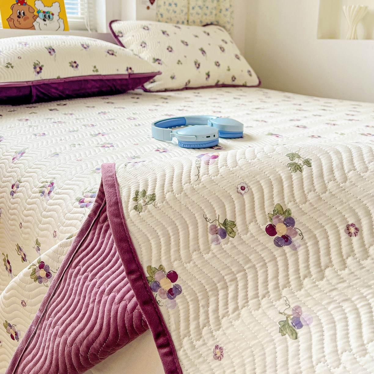 91家纺网 家纺一手货源 找家纺 梦精灵 2025新款棉加绒床盖全棉学生床夹棉床盖双面可用纯棉床单（棉加绒枕套） 棉加绒-紫葡萄