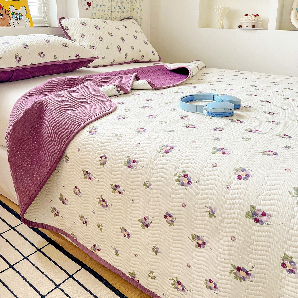 91家纺网 家纺一手货源 找家纺 梦精灵 2025新款棉加绒床盖全棉学生床夹棉床盖双面可用纯棉床单（棉加绒枕套） 棉加绒-紫葡萄