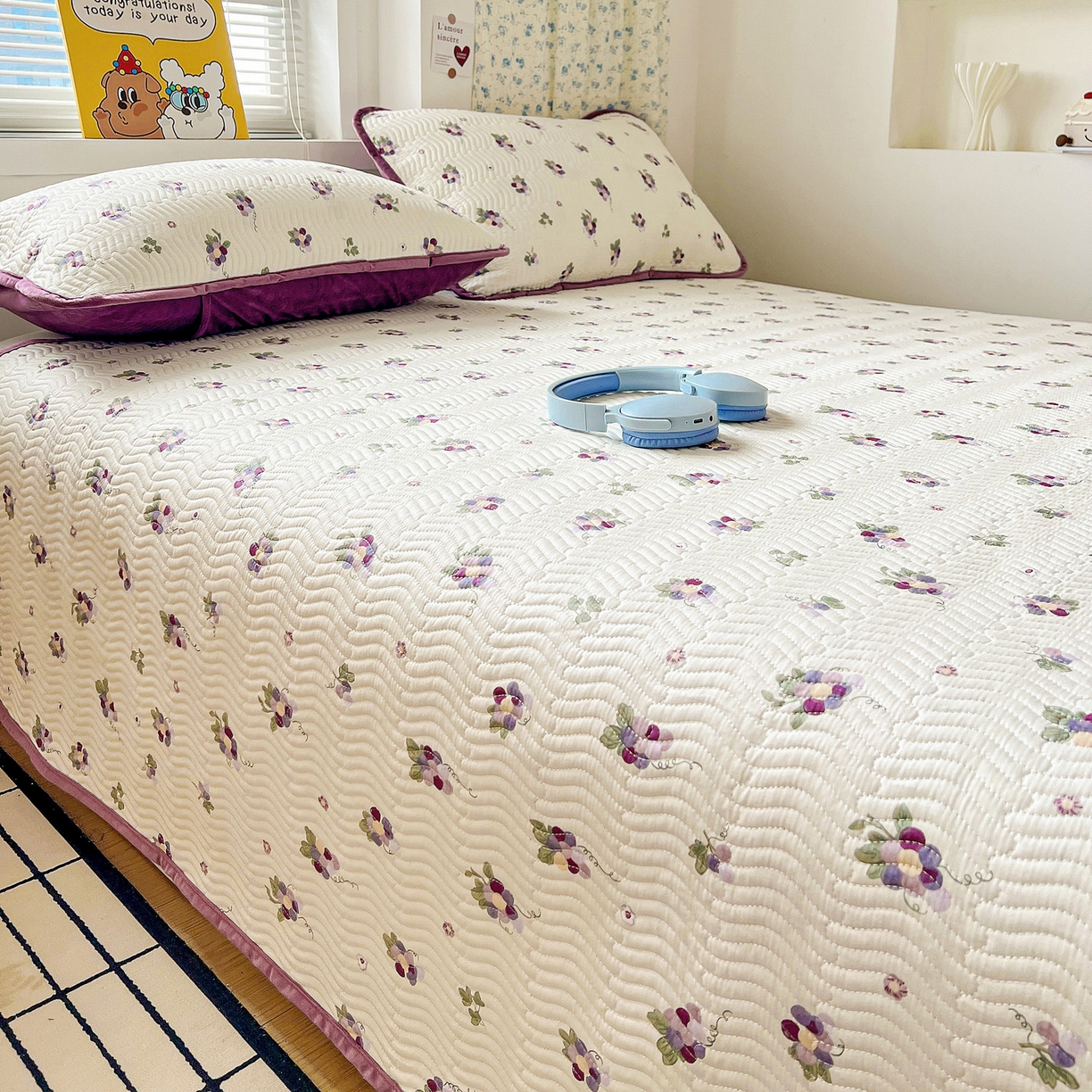 91家纺网 家纺一手货源 找家纺 梦精灵 2025新款棉加绒床盖全棉学生床夹棉床盖双面可用纯棉床单（棉加绒枕套） 棉加绒-紫葡萄