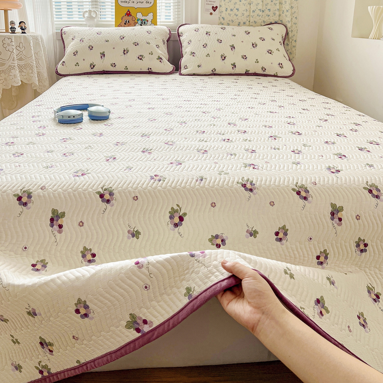 91家纺网 家纺一手货源 找家纺 梦精灵 2025新款棉加绒床盖全棉学生床夹棉床盖双面可用纯棉床单（棉加绒枕套） 棉加绒-紫葡萄