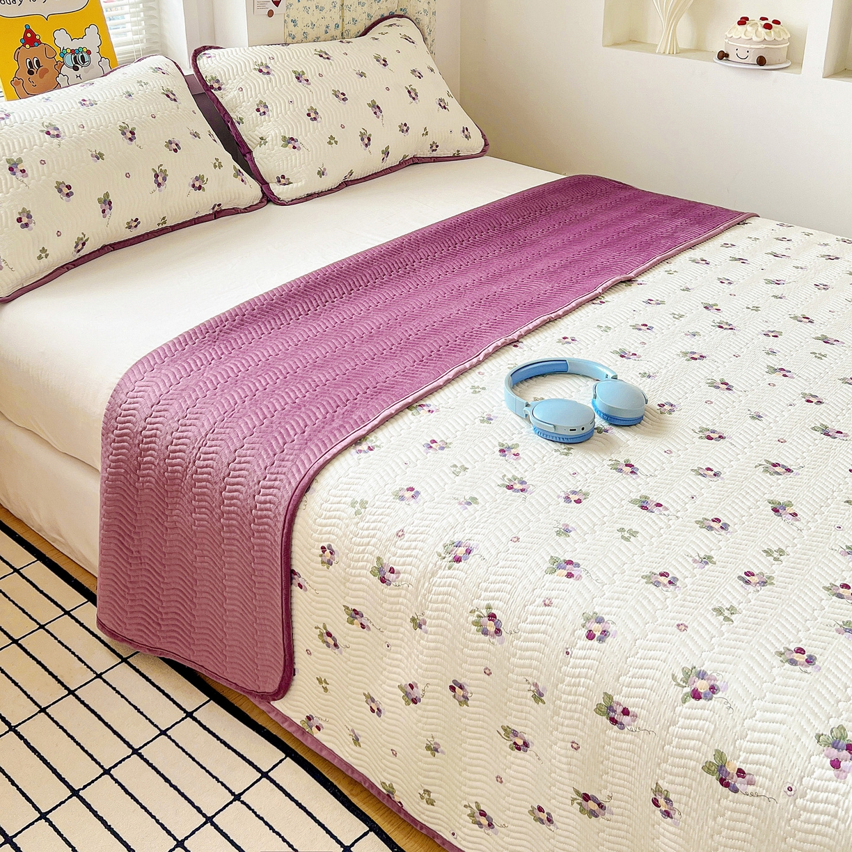 91家纺网 家纺一手货源 找家纺 梦精灵 2025新款棉加绒床盖全棉学生床夹棉床盖双面可用纯棉床单（棉加绒枕套） 棉加绒-紫葡萄