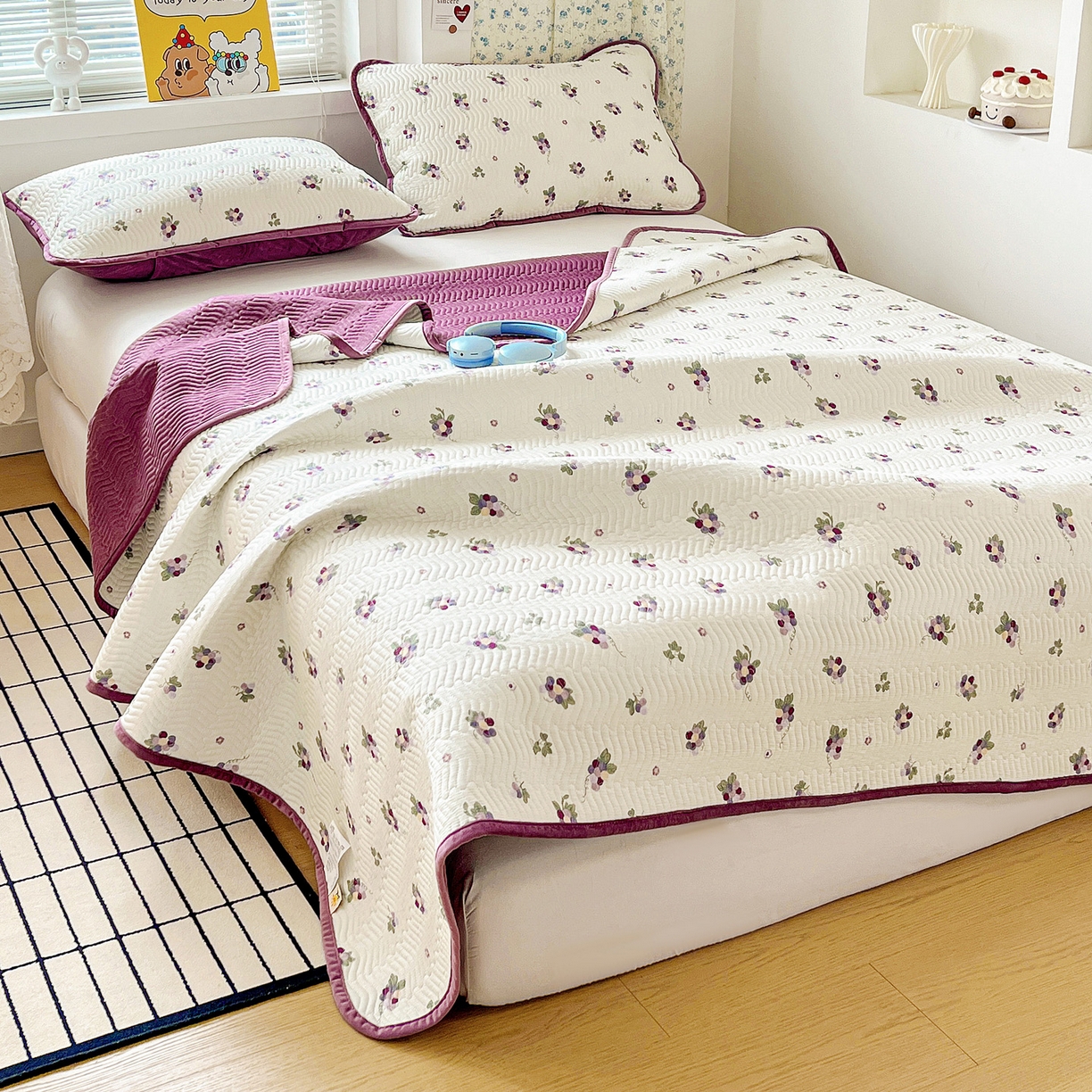 91家纺网 家纺一手货源 找家纺 梦精灵 2025新款棉加绒床盖全棉学生床夹棉床盖双面可用纯棉床单（棉加绒枕套） 棉加绒-紫葡萄