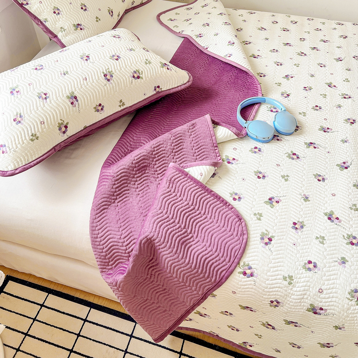 91家纺网 家纺一手货源 找家纺 梦精灵 2025新款棉加绒床盖全棉学生床夹棉床盖双面可用纯棉床单（棉加绒枕套） 棉加绒-紫葡萄