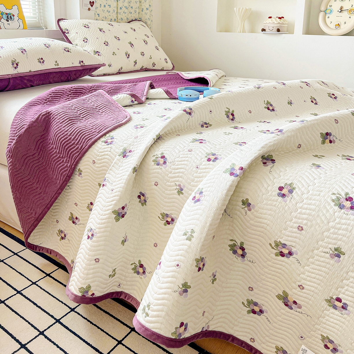 91家纺网 家纺一手货源 找家纺 梦精灵 2025新款棉加绒床盖全棉学生床夹棉床盖双面可用纯棉床单（棉加绒枕套） 棉加绒-紫葡萄