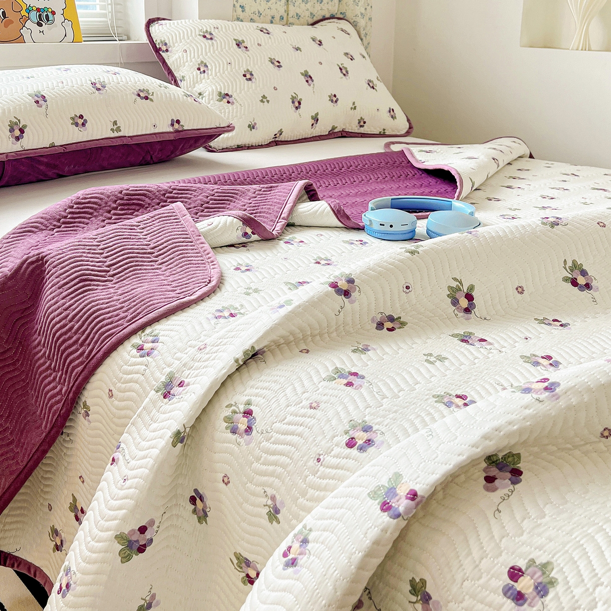 91家纺网 家纺一手货源 找家纺 梦精灵 2025新款棉加绒床盖全棉学生床夹棉床盖双面可用纯棉床单（棉加绒枕套） 棉加绒-紫葡萄