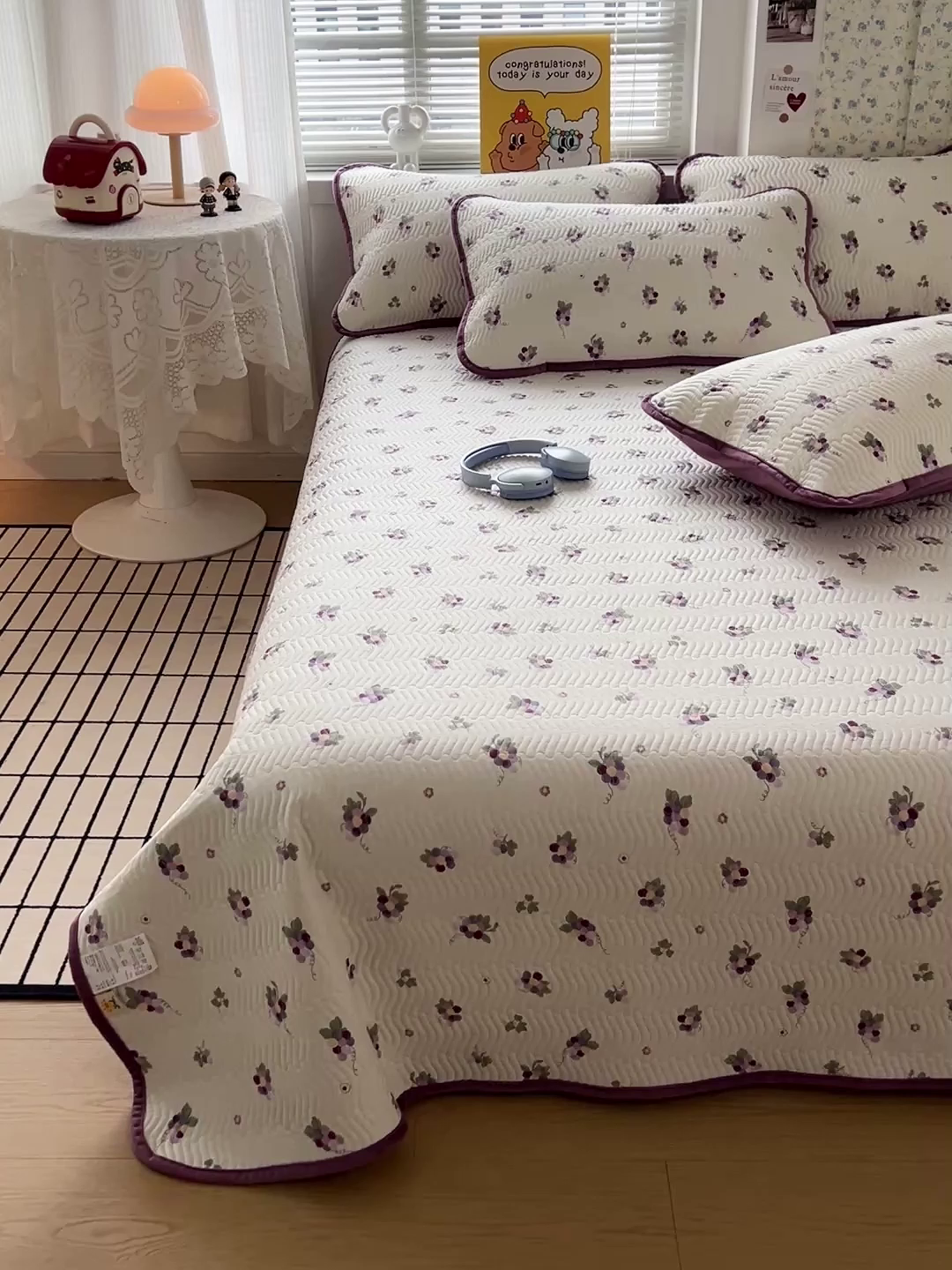 91家纺网 家纺一手货源 找家纺 梦精灵 2025新款棉加绒床盖全棉学生床夹棉床盖双面可用纯棉床单（棉加绒枕套） 棉加绒-紫葡萄