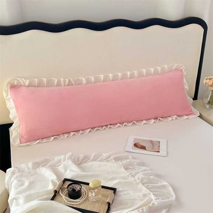 91家纺网 家纺一手货源 找家纺 梦舒羽 2025A类新款牛奶绒花枕套边双人宿舍法兰绒情侣枕头套珊瑚绒枕芯套 西柚粉