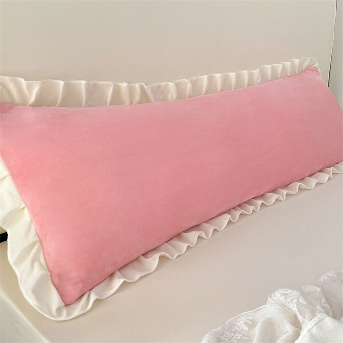 91家纺网 家纺一手货源 找家纺 梦舒羽 2025A类新款牛奶绒花枕套边双人宿舍法兰绒情侣枕头套珊瑚绒枕芯套 西柚粉