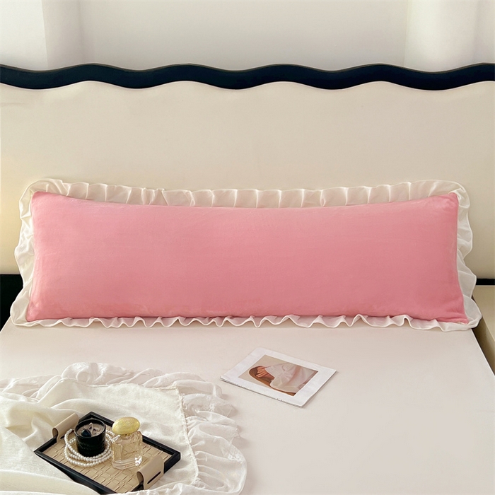 91家纺网 家纺一手货源 找家纺 梦舒羽 2025A类新款牛奶绒花枕套边双人宿舍法兰绒情侣枕头套珊瑚绒枕芯套 西柚粉