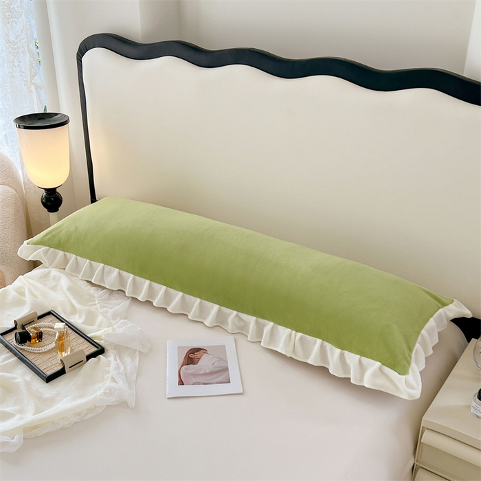 91家纺网 家纺一手货源 找家纺 梦舒羽 2025A类新款牛奶绒花枕套边双人宿舍法兰绒情侣枕头套珊瑚绒枕芯套 青草绿